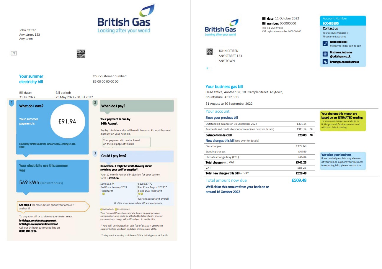 United Kingdom British Gas bill, Word and PDF template, 2 pages